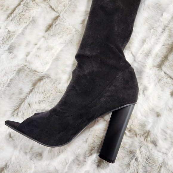 So MeBlack Faux Suede Stretch OTK Thigh Boot 4" Chunky Heels Size 6.5 - Picture 4 of 9